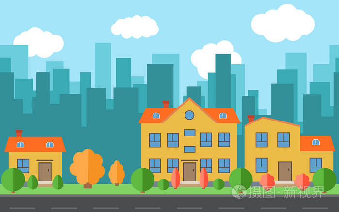 卡通矢量城市房屋与树木和灌木.城市空间与平面样式背景概念号路