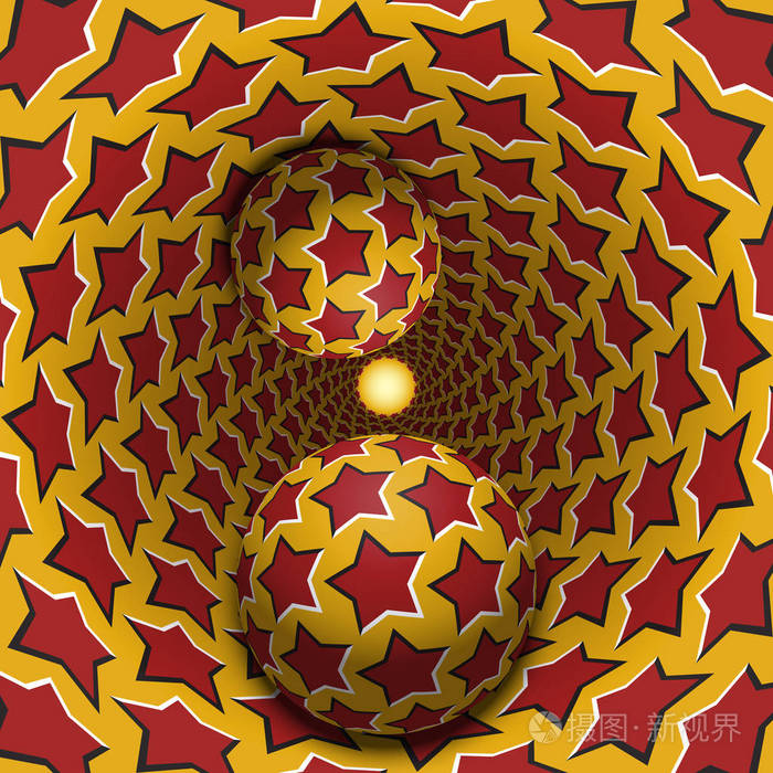 视错觉图两个球都朝着斑驳的孔在黄色图案对象上的红星抽象的幻想在超