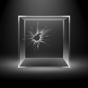 矢量框多维数据集空透明折线的裂纹玻璃隔离带背光的暗黑色背景上