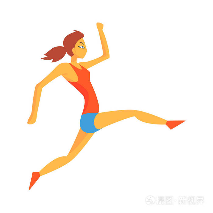 插画 女子三级跳远,女运动员在红色的上衣和蓝色短在赛跑比赛图运行的