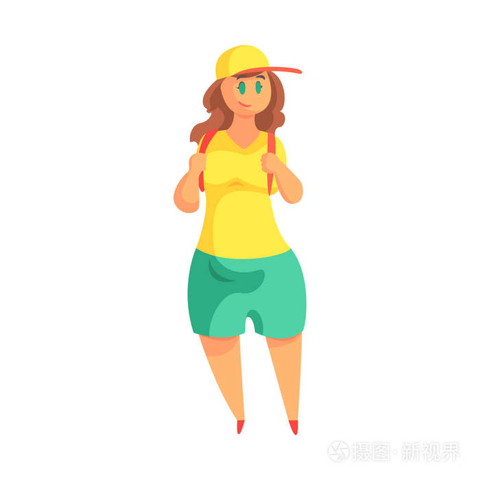 短裤和夏天顶部和背包徒步旅行,享受生活,微笑会太胖的女孩的卡通人物