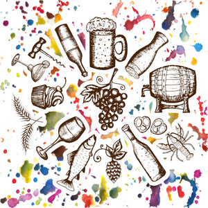 手绘制的矢量图，啤酒集 酒具，啤酒和葡萄酒符号上水彩污渍