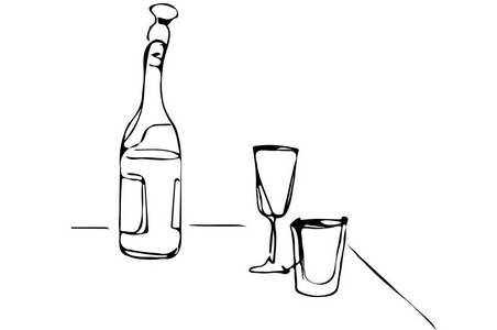 一瓶香槟和葡萄酒的 t 眼镜矢量速写