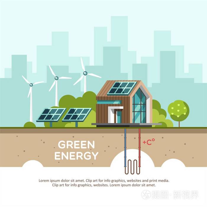 插画 绿色能源生态友好房子-太阳能, 风能, 地热能.向量的概念图.eps