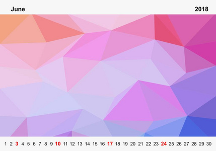 简单的颜色日历彩色三角形为 6 月的 2018.month 年度名称和年数字上带有红色白色背景上周日的照片