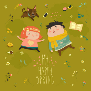 快乐的孩子躺在草地上草充满了春天的花朵