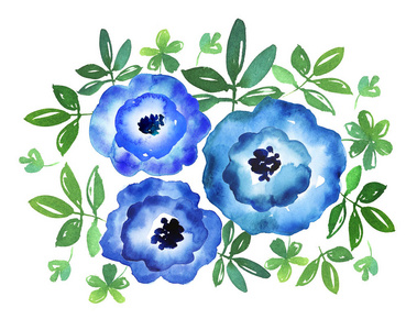 简单的蓝色小花手绘水彩插图。简单是