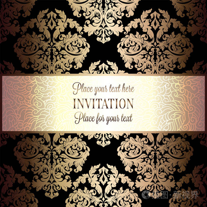 巴洛克式背景与古董 豪华黑色和金色复古框架 维多利亚时代的旗帜 绫花卉图案的壁纸 装饰 巴洛克风格的小册子 服装款式 邀请卡设插画 正版商用图片0xp8 摄图新视界