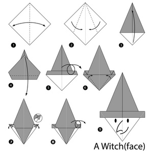 一步地说明如何使折纸成为女巫脸。