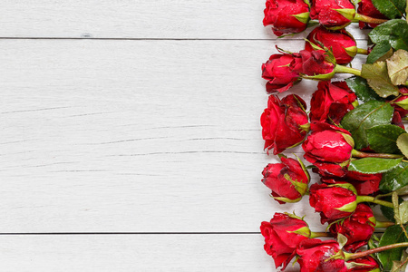 在空的空间白色木制甲板上红玫瑰鲜花