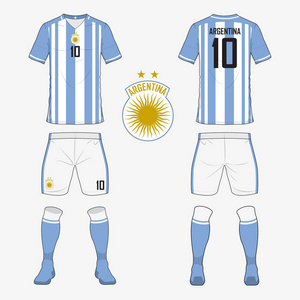 阿根廷国家足球队的足球球衣或足球工具包模板集。正面和背面查看足球均匀。模拟了运动衬衫