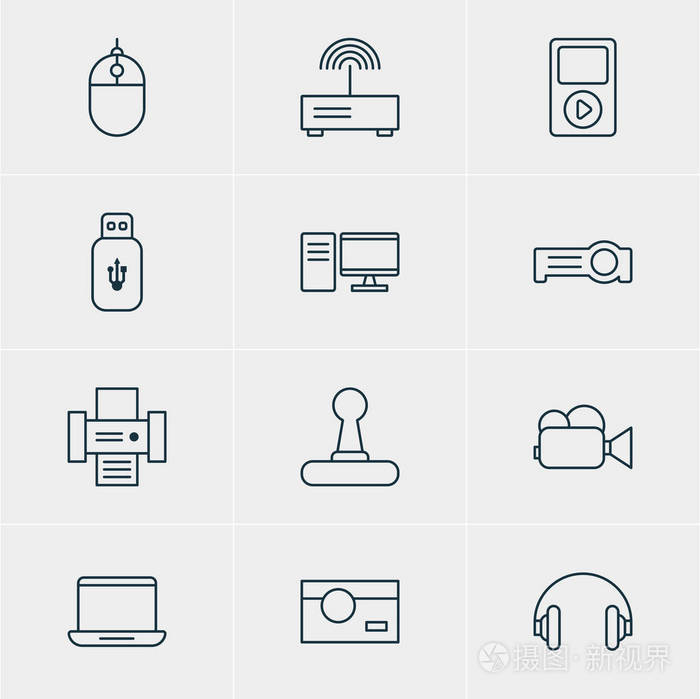 矢量图的 12 硬件图标.可编辑包摄像机, 耳机, 游戏控制器和其他元素