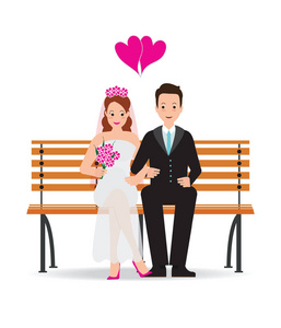 坐在长凳上孤立的快乐可爱的新郎和新娘卡通
