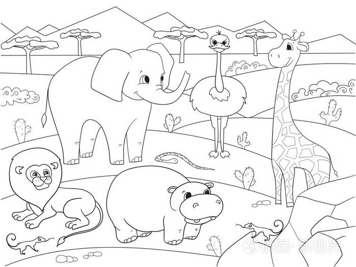非洲热带稀树草原成人着色矢量的动物插画-正版商用图片0x8oxm-摄图新
