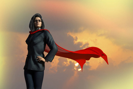3d 插图的商界女强人穿着一身海角超级英雄