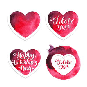 四个红色水彩情人节卡片与心中的情人节那天