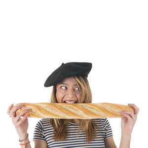 法国的年轻女孩，与典型的面包