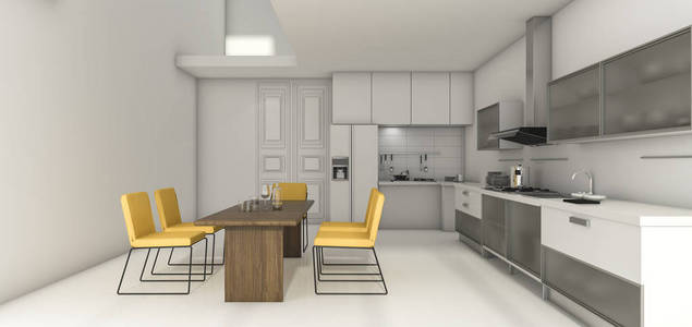 3d 渲染不错的设计厨房和明亮的黄色餐饮区