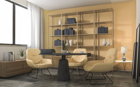 3d 呈现黄色装饰客厅与漂亮的家具