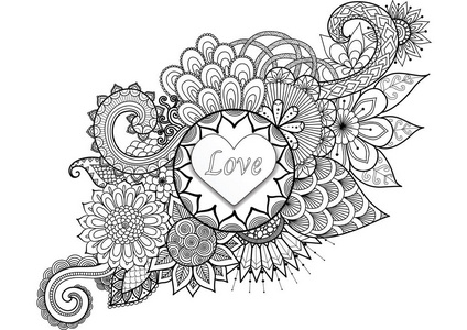 对花卉背景着色书页 情人节卡和婚礼邀请的成人心脏形状与 爱 这个词