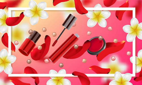 用的化妆品弥补配件美容店。夏季或弹簧背景与热带花卉和玫瑰花瓣