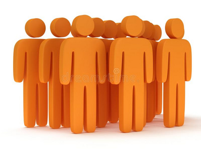 一群风格化的橙色人站在白色的舞台上