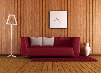 带红色沙发的木质客厅