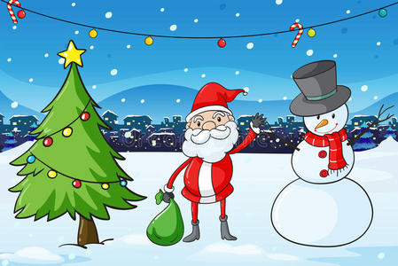 圣诞老人在松树和雪人中间