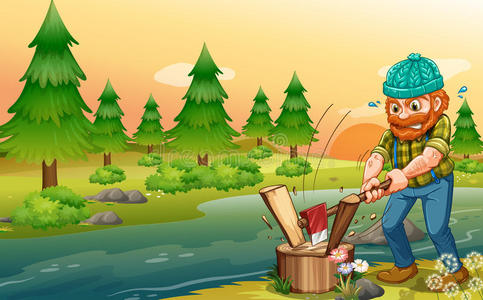 一个在河岸砍柴的人照片