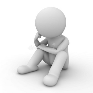 独自冥想或思考的人3d 男人与他头顶的主意灯泡的思考卡通小孩用白色