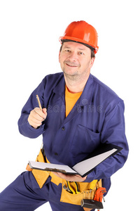 笔记 工作 水暖工 持有 成人 建筑 雇员 身体 劳动 帽子