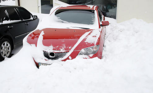降雪情况极为严重，汽车在雪地里