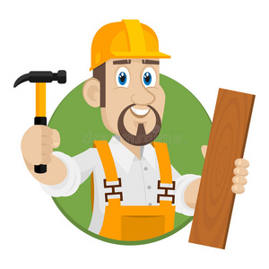 圆形标志木匠木工在宽敞的车间使用电动砂光机时佩戴安全眼镜和围裙