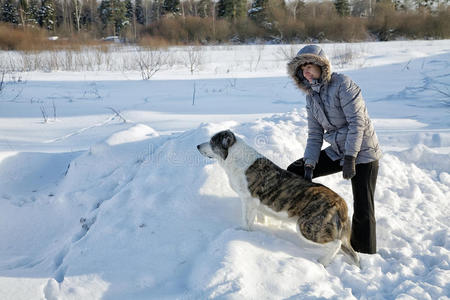 女人在冬天和狗玩