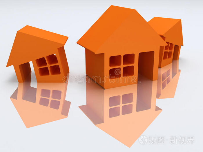 三栋橙色的房子,有倒影.3d渲染