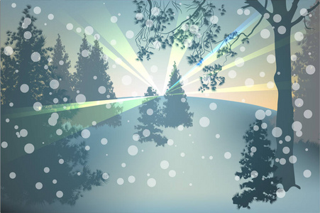 冬季假期景观。圣诞节矢量图和白雪皑皑的丛林