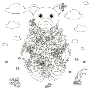 手工绘制的熊，花，嘟嘟，黑色和白色抗应力矢量图