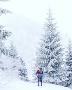 冬季徒步旅行。在山里徒步旅行带着背包和帐篷雪的冬天