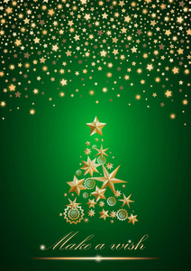 新年和圣诞卡设计金色圣诞树，由星星和雪花组成，在绿色的环境背景上有抽象的流星。