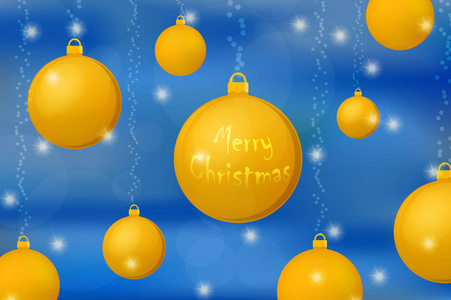 圣诞节和新年的概念背景。照耀青色背景的金色圣诞球