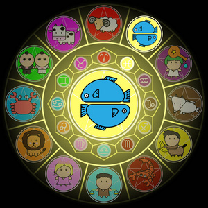 中心圆的星座在双鱼座十二生肖卡通图标矢量在黑色背景上照片