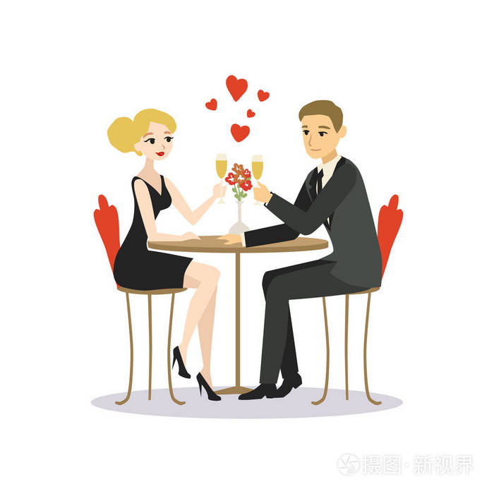 男人和女人在一家餐馆吃饭恋人情侣卡通矢量图