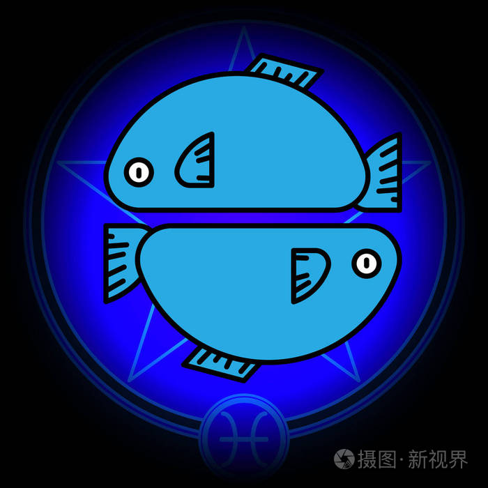 卡通标志黄道十二宫的双鱼座矢量图标上星级的深蓝色背景