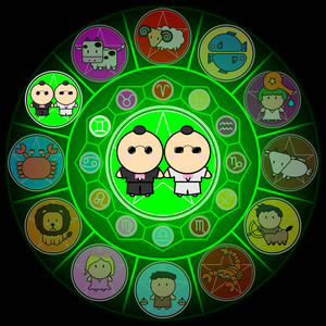 在中心圆的星座双子座十二生肖卡通图标矢量在黑色背景上照片
