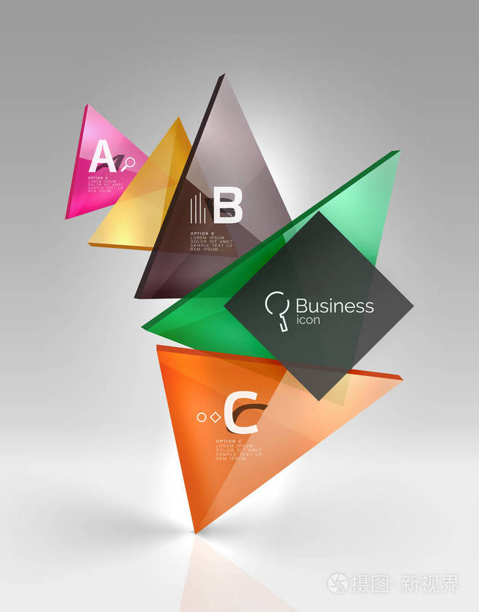 有光泽的玻璃半透明三角形的3d空空间