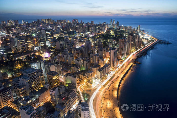 黎巴嫩贝鲁特贝鲁特市贝鲁特市花葶空中夜晚拍摄