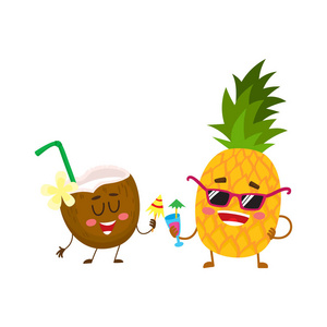 有趣的菠萝和椰子人物喝鸡尾酒，开心