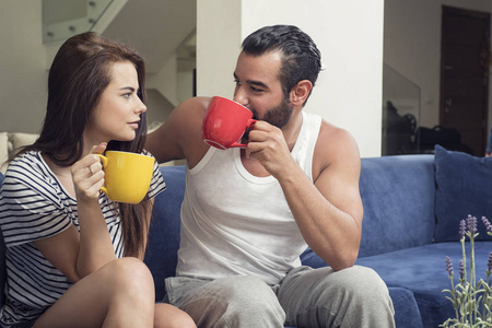 美丽 年轻夫妇在客厅里，联轴器的喝咖啡