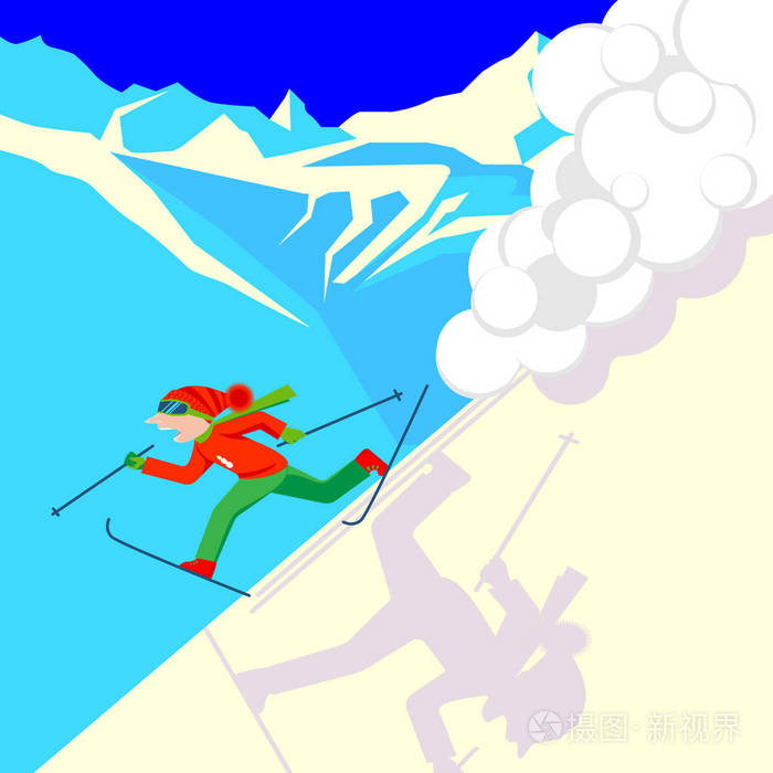 从山区雪崩逃出来的人雪崩或snowslip