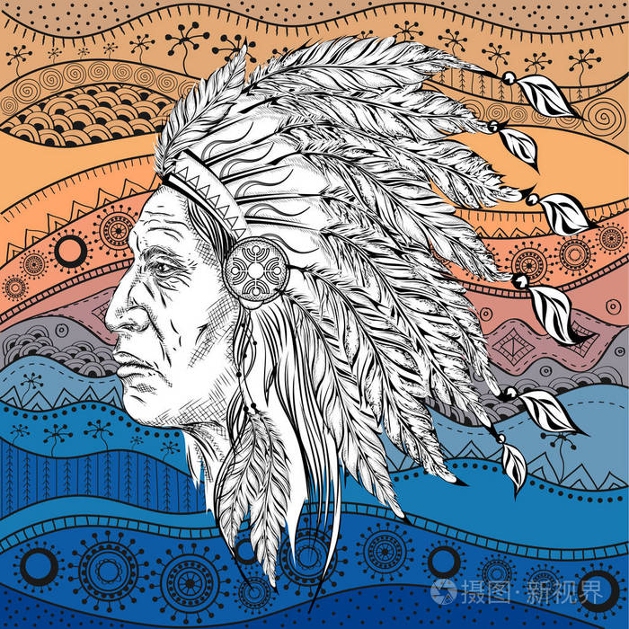 在本机的美国印第安酋长的人黑蟑螂印度羽毛头饰的鹰手画矢量图